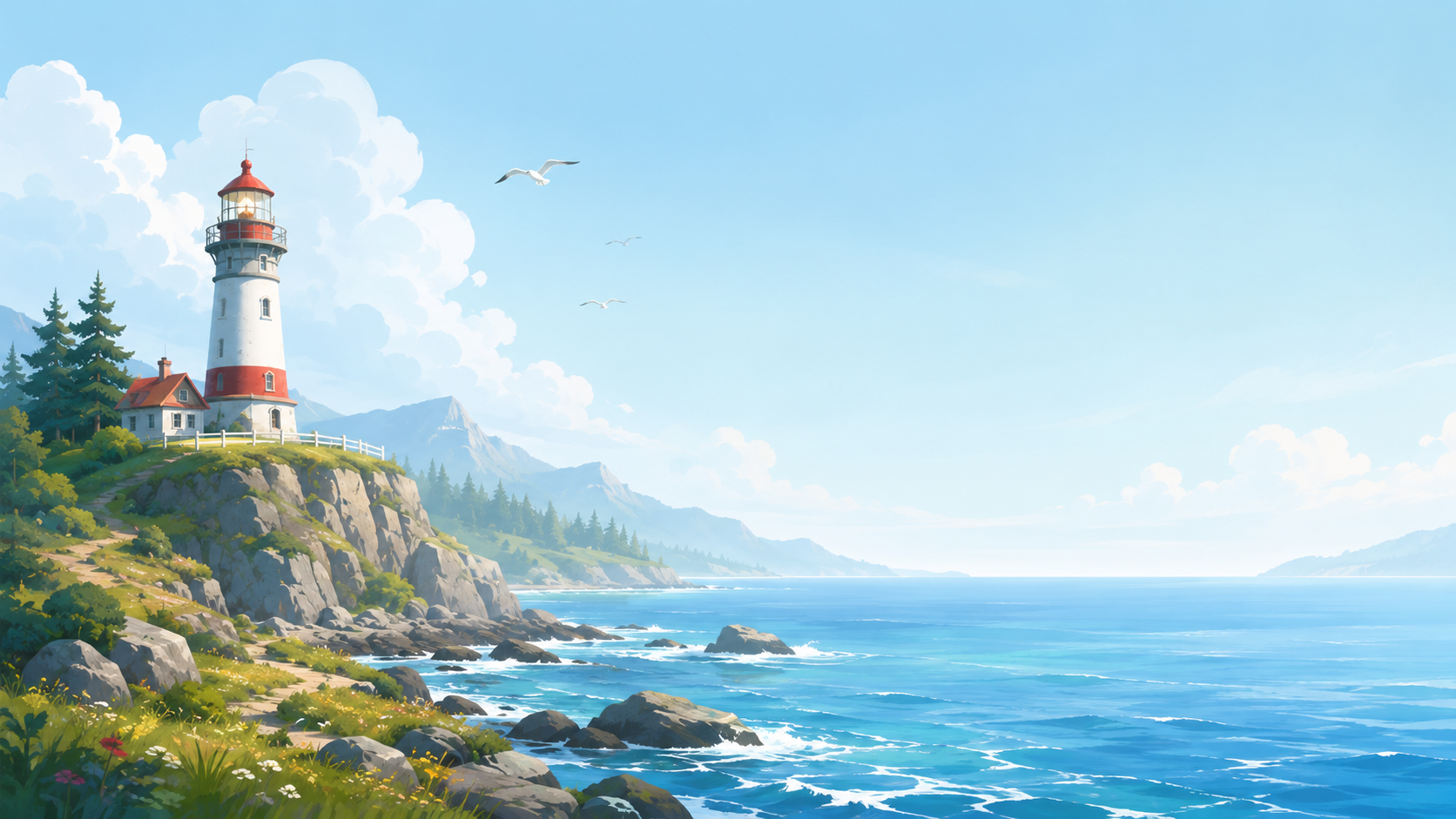 Illustrated lighthouse by the coast