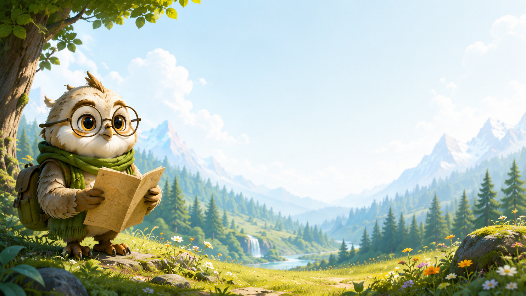 Explorer owl mascot in a scenic mountain meadow