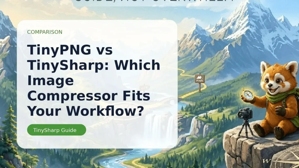 Comparison of TinyPNG and TinySharp image compressors with a background of mountains and a character holding a compass