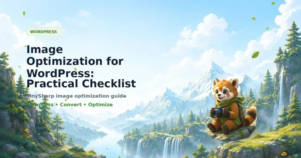 WordPress image optimization checklist graphic with nature background and cartoon red panda character